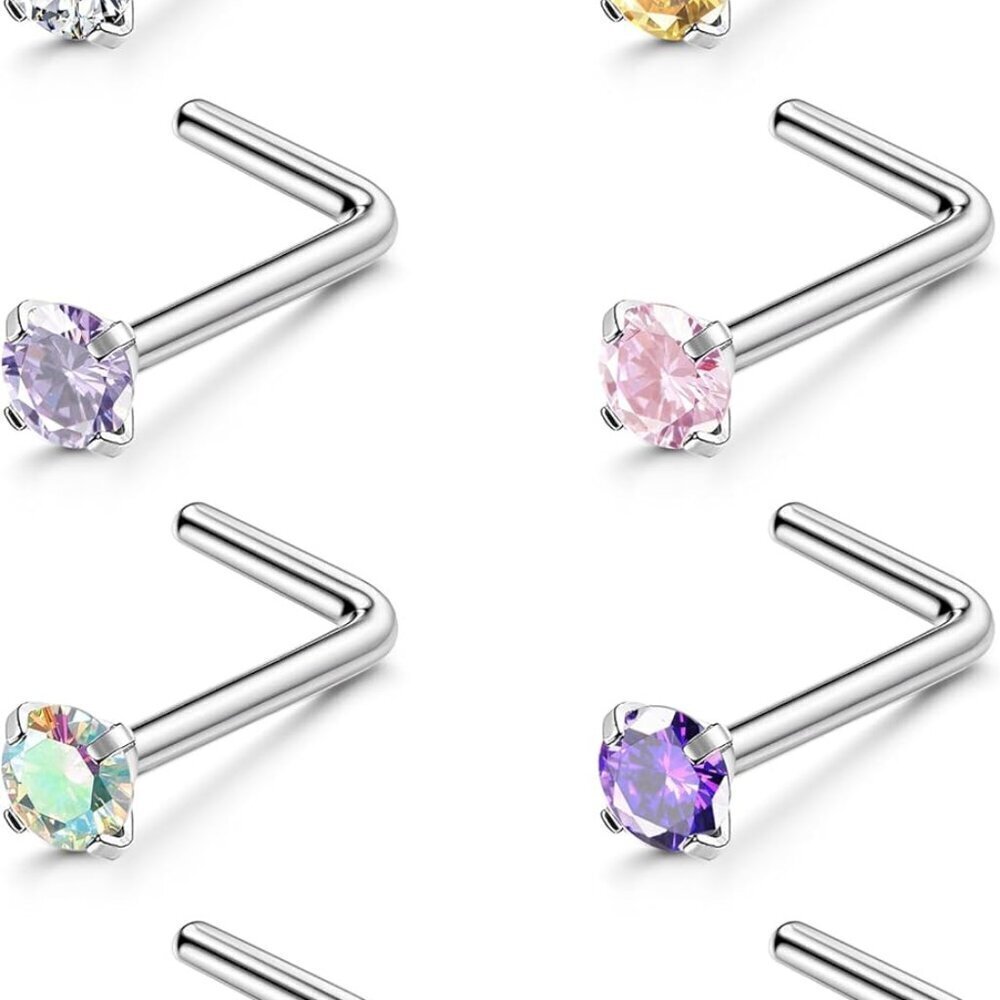8PCS Titanium Nose Rings Set L Shaped CZ Opal Small Piercing Jewelry Women